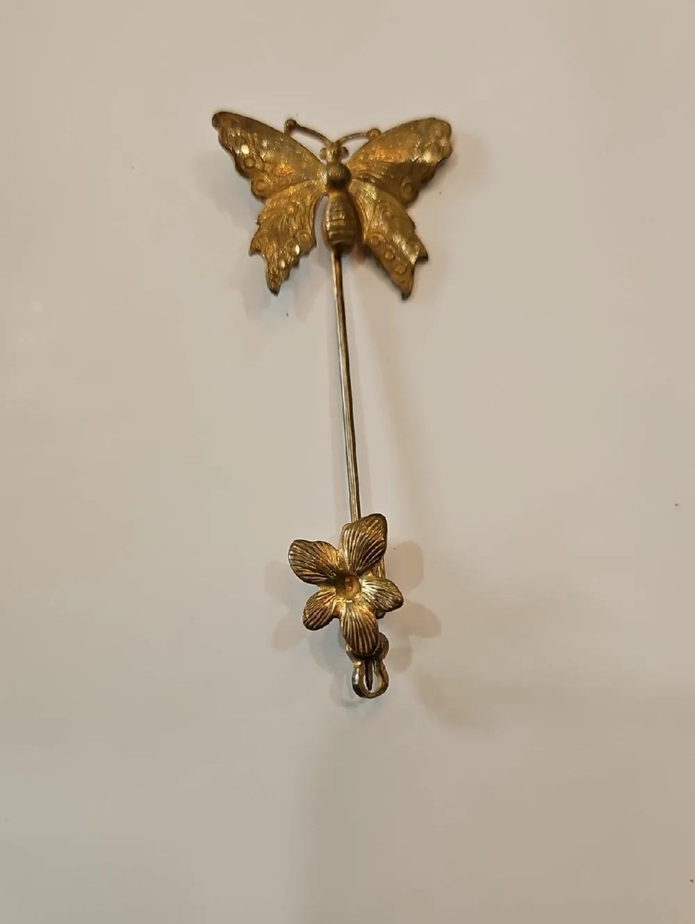 Miriam Haskell Signed Gold Tone Butterfly Hat Pin with Floral Accent Vtg 30s-70s